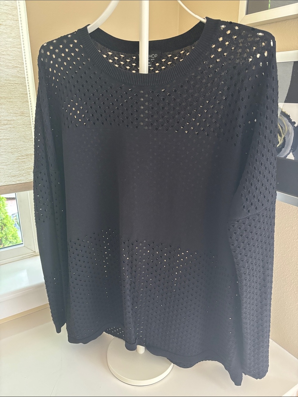 Topshop Black Open-Knit Crew Neck Sweater